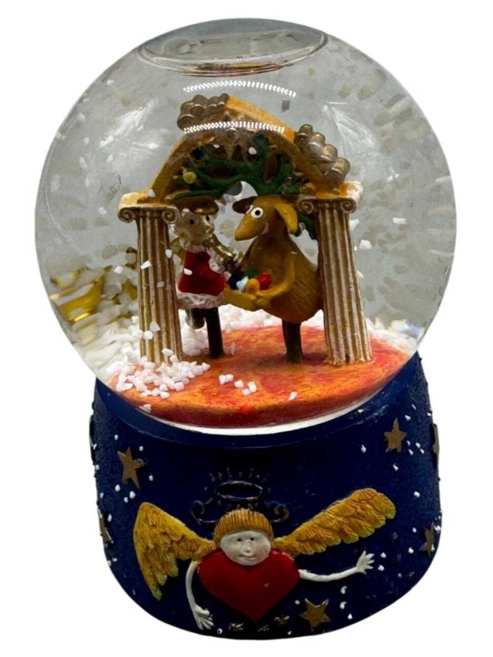 Dept 56 Christmas Snow Globe With Reindeer & Santa Blue Base Stars Angel READ